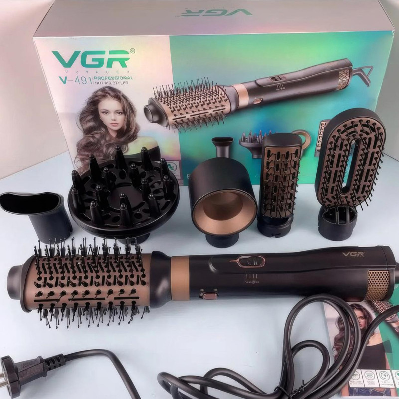 Багатофункціональний фен стайлер 6в1 для укладання та завивки волосся з 6-ма насадками VGR (V-491 Black)