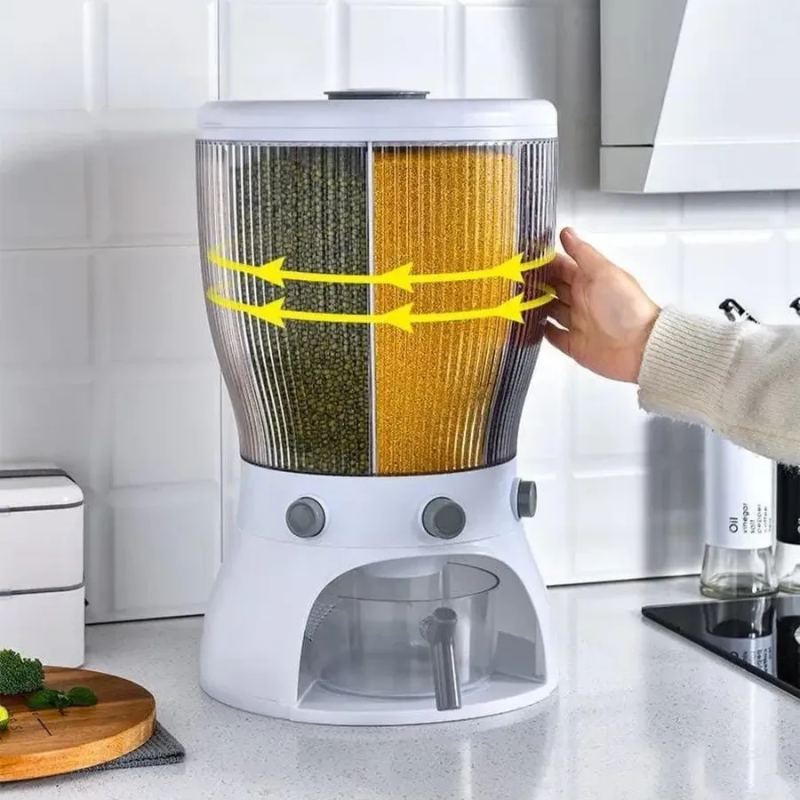 Кухонний диспенсер органайзер з конструкцією, що обертається, для круп і для сипучих продуктів на чотири секції з дозатором LY-37 White