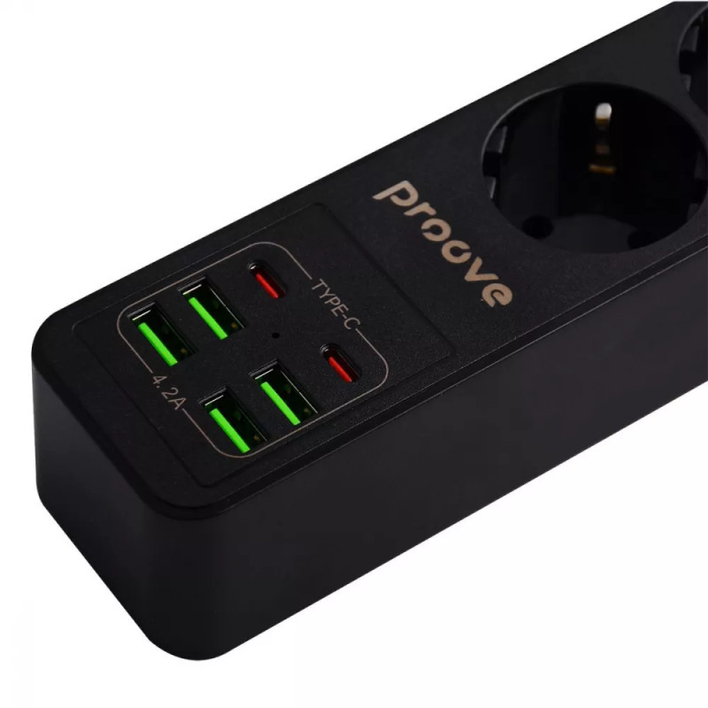 Мережевий фільтр на 4 розетки + 4 USB + 2 Type-C безпечний подовжувач Хаб 2м Power Strip P-04 Black