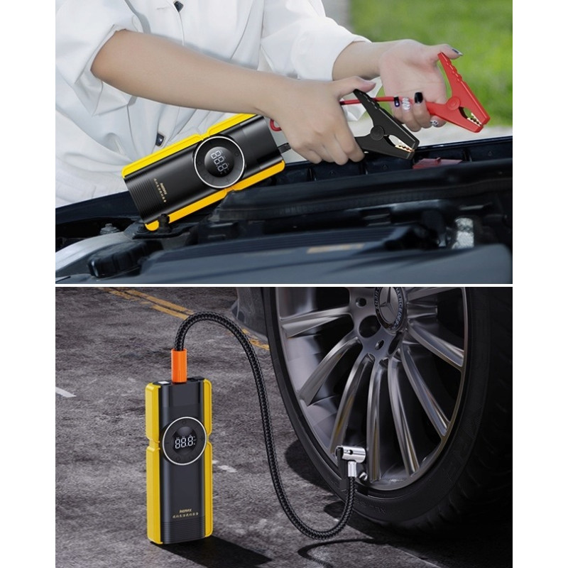 Пускозарядний пристрій з компресором портативний акумулятор для автомобіля з дисплеєм та ліхтарем Li-Pol 8000мАч 3.7В Remax CP-F77 Black/Yellow