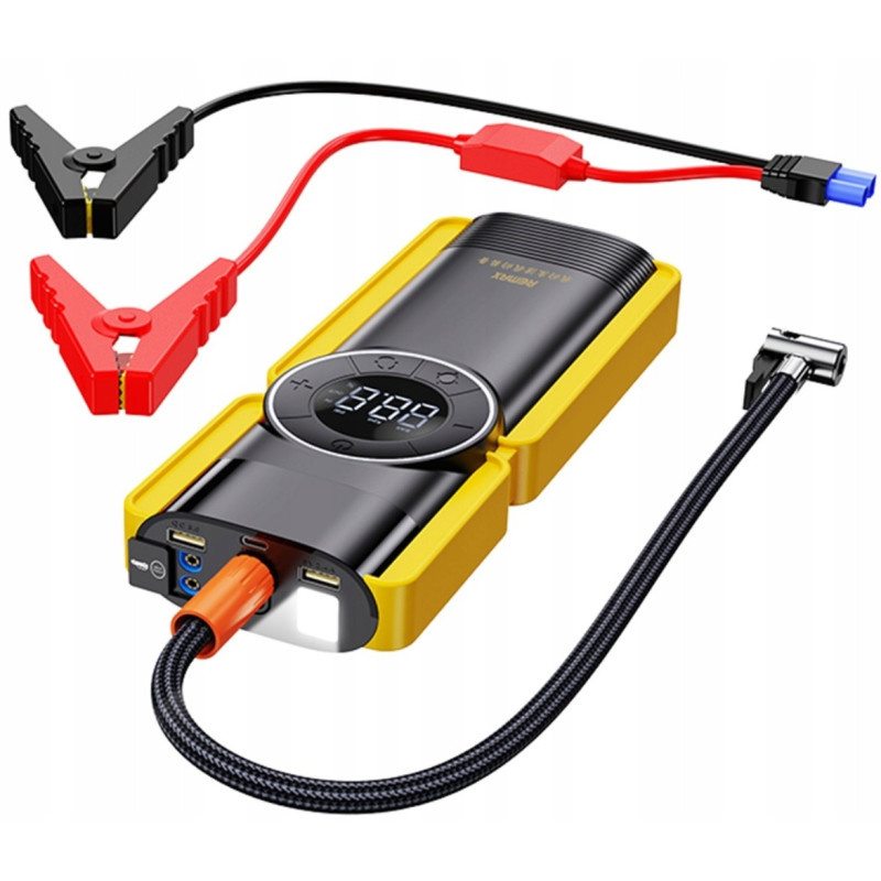 Пускозарядний пристрій з компресором портативний акумулятор для автомобіля з дисплеєм та ліхтарем Li-Pol 8000мАч 3.7В Remax CP-F77 Black/Yellow