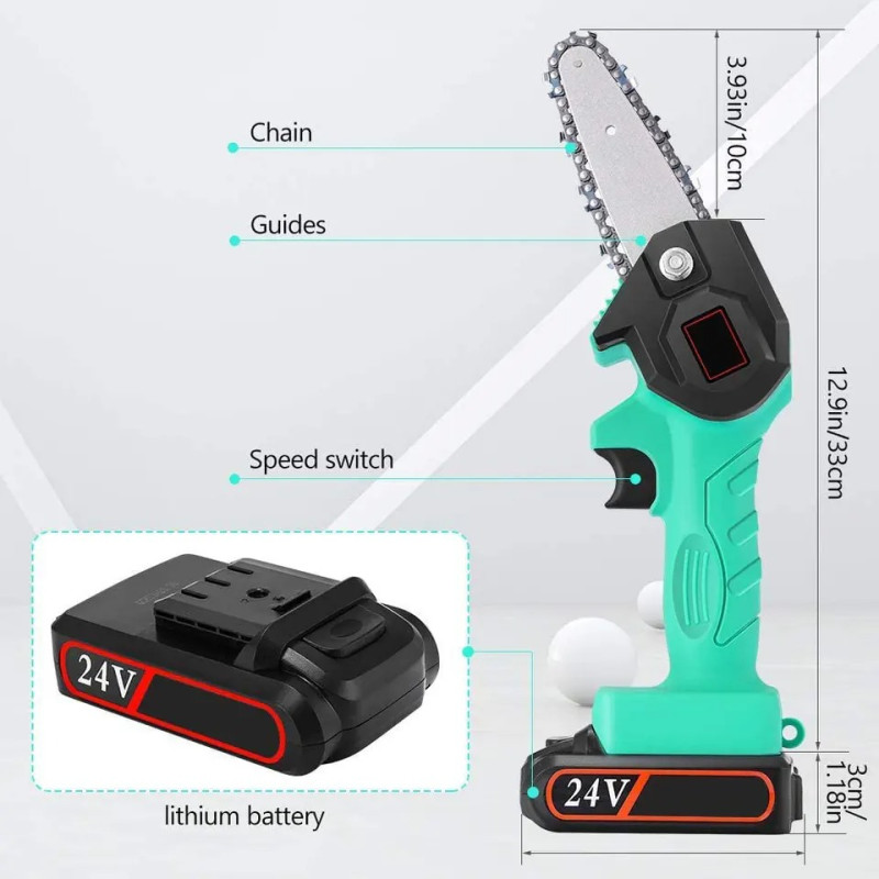 Портативна акумуляторна ланцюгова міні електропилка з 2-ма акумуляторами 24V ручна садова багатофункціональна Azure Портативна акумуляторна ланцюгова міні електропилка з 2-ма акумуляторами 24V ручна садова багатофункціональна Azure