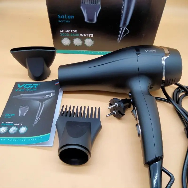 Професійний фен для волосся з набором насадок, Turbo режимом та іонізацією VGR V-450 2400Вт Black
