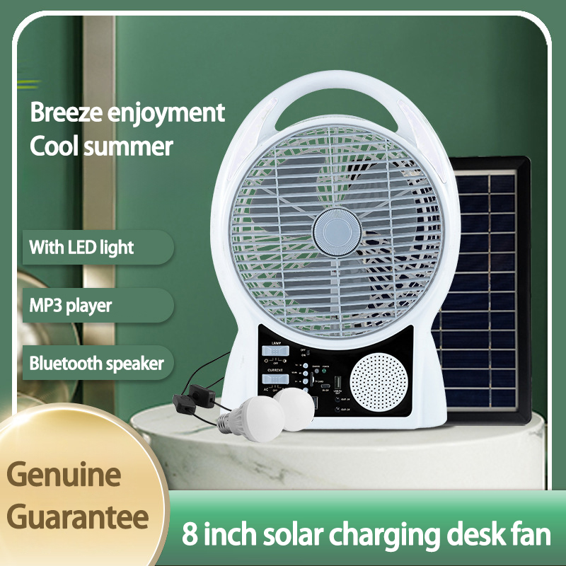 Портативний акумуляторний вентилятор 8" Bluetooth, USB з радіо та сонячною батареєю та 2 LED лампи N288 White