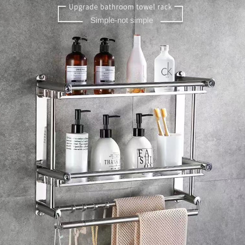 Підвісна 2-ярусна настінна полиця Light Shelf 40х38х15см для ванної кімнати з нержавіючої сталі LS-7824 Silver