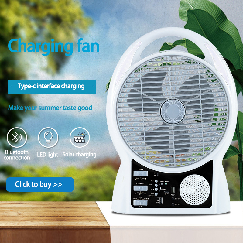 Портативний акумуляторний вентилятор 8" Bluetooth, USB з радіо та сонячною батареєю та 2 LED лампи N288 White