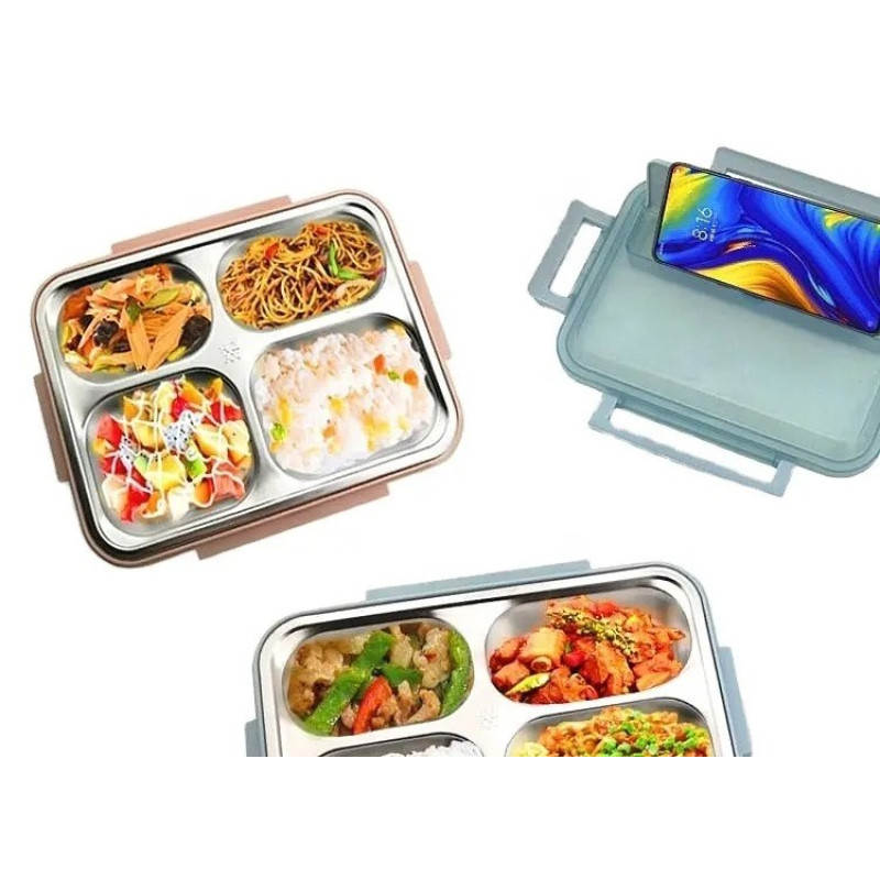 Ланч-бокс із підігрівом їжі за допомогою гарячої води сталева чаша на 4 відсіки 1500мл з підставкою для телефону MA-2000 Blue
