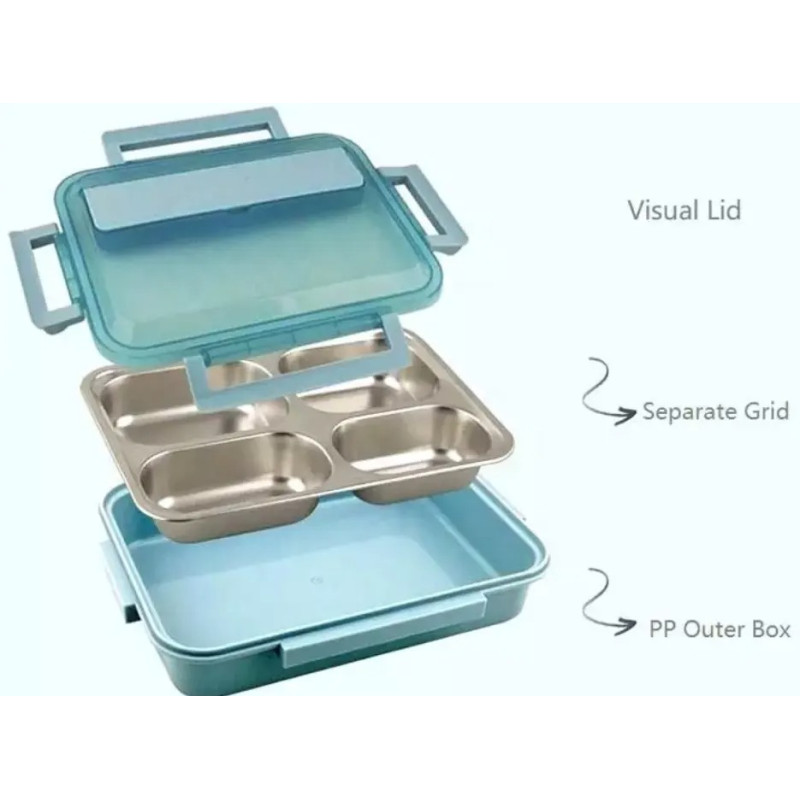 Ланч-бокс із підігрівом їжі за допомогою гарячої води сталева чаша на 4 відсіки 1500мл з підставкою для телефону MA-2000 Blue