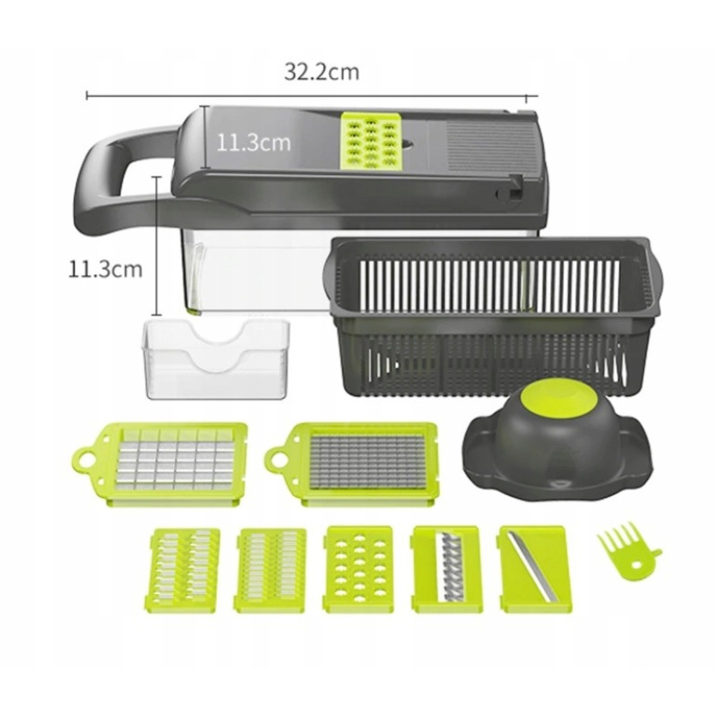 Багатофункціональна ручна овочерізка-подрібнювач Veggie Slicer 14в1 з насадками та контейнером, ситечко для яєць та ніж-економка для очищення овочів Сіро-зелений