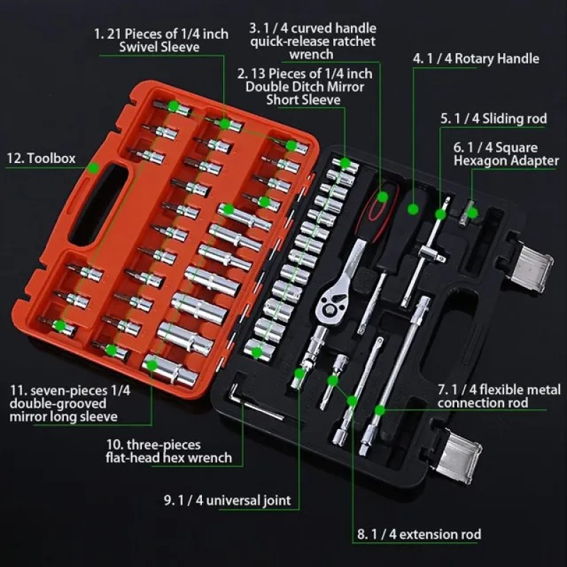 Набір інструментів з 53 предметів Repair Tool для ремонту та обслуговування хромованадієва сталь у пластиковому кейсі Orange Набір інструментів з 53 предметів Repair Tool для ремонту та обслуговування хромованадієва сталь у пластиковому кейсі Orange