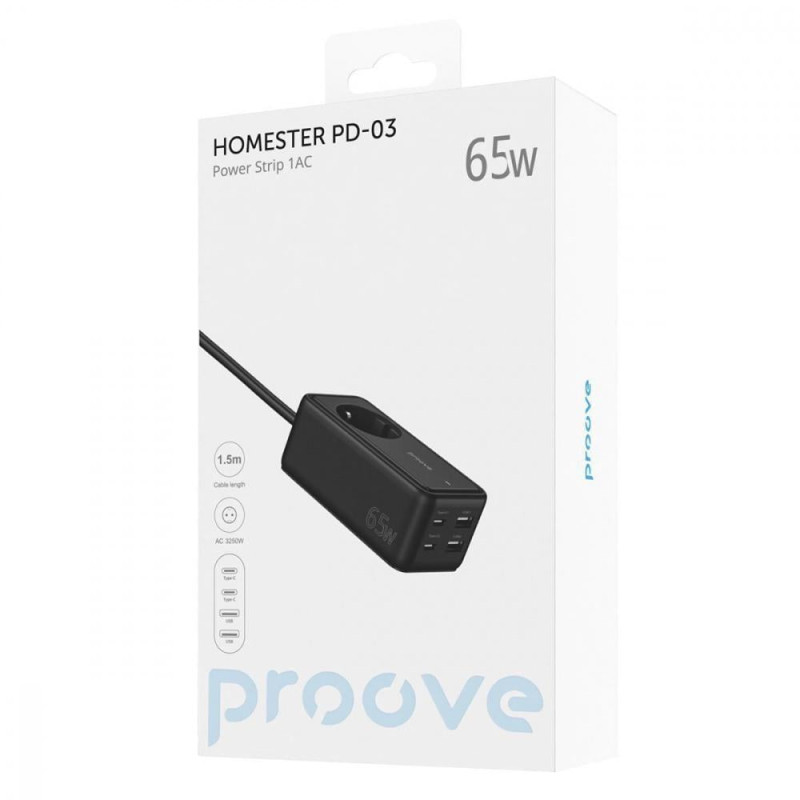 Мережевий фільтр подовжувач 1,5м Зарядний Пристрій 65W 1AC з 2 Type-C + 2USB Power Strip Homester PD-03 Black