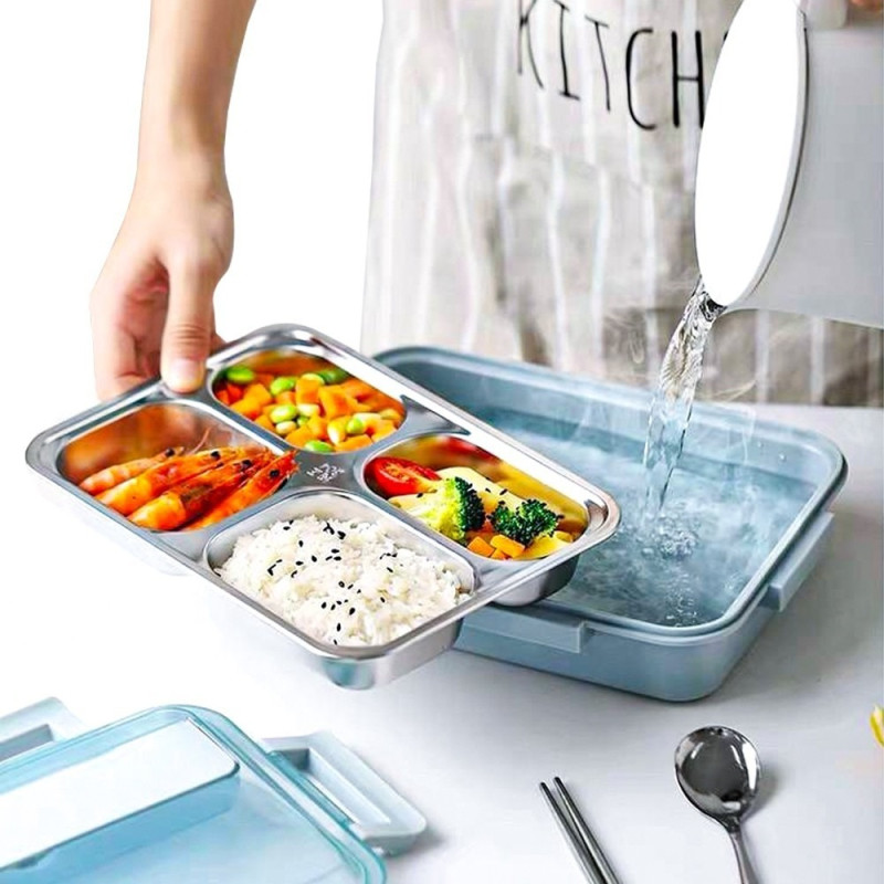 Ланч-бокс із підігрівом їжі за допомогою гарячої води сталева чаша на 4 відсіки 1500мл з підставкою для телефону MA-2000 Blue