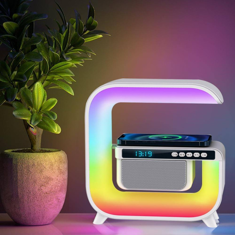 Акумуляторний нічник LED світильник RGB з бездротовою зарядкою 15W і вбудованою Bluetooth колонкою з Радіо G-3 White