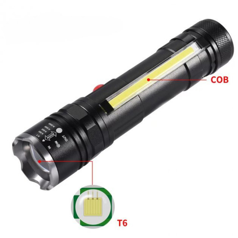 Ручний ліхтар компактний туристичний з 4 режимами роботи магніт/zoom microUSB акумуляторний 18650 метал Police T6-26+T6+COB Чорний