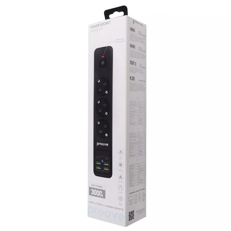 Мережевий фільтр на 4 розетки + 4 USB + 2 Type-C безпечний подовжувач Хаб 2м Power Strip P-04 Black