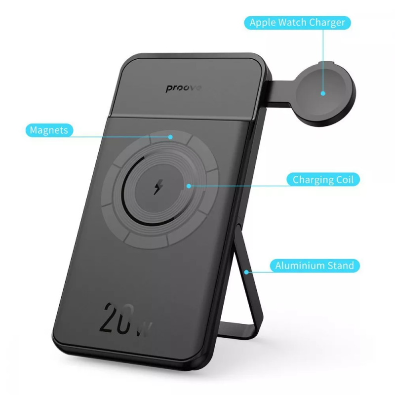 Зовнішній акумулятор Повербанк 10000mAh зі швидкою зарядкою 20W з бездротовою зарядкою Proove Power Stand 2 in 1 Black
