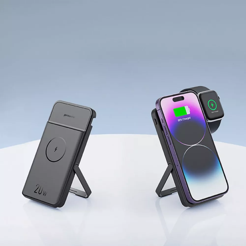 Зовнішній акумулятор Повербанк 10000mAh зі швидкою зарядкою 20W з бездротовою зарядкою Proove Power Stand 2 in 1 Black