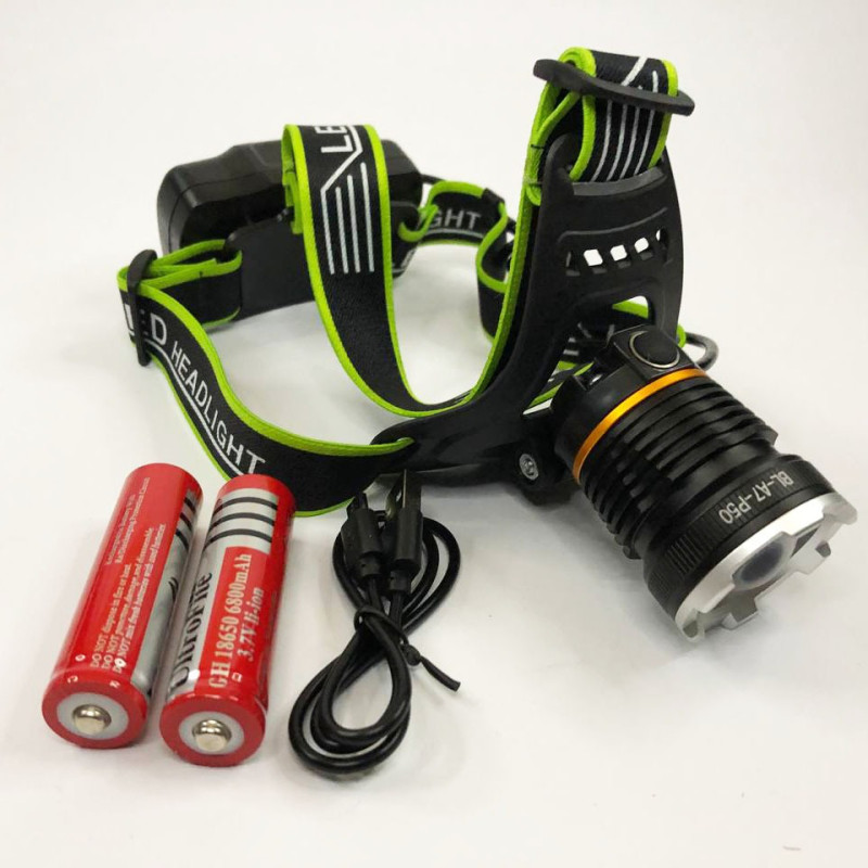 Налобний надпотужний LED ліхтар із двома акумуляторами 18650 та 3 режими роботи Bailong BL-A7-P50 Black/Green