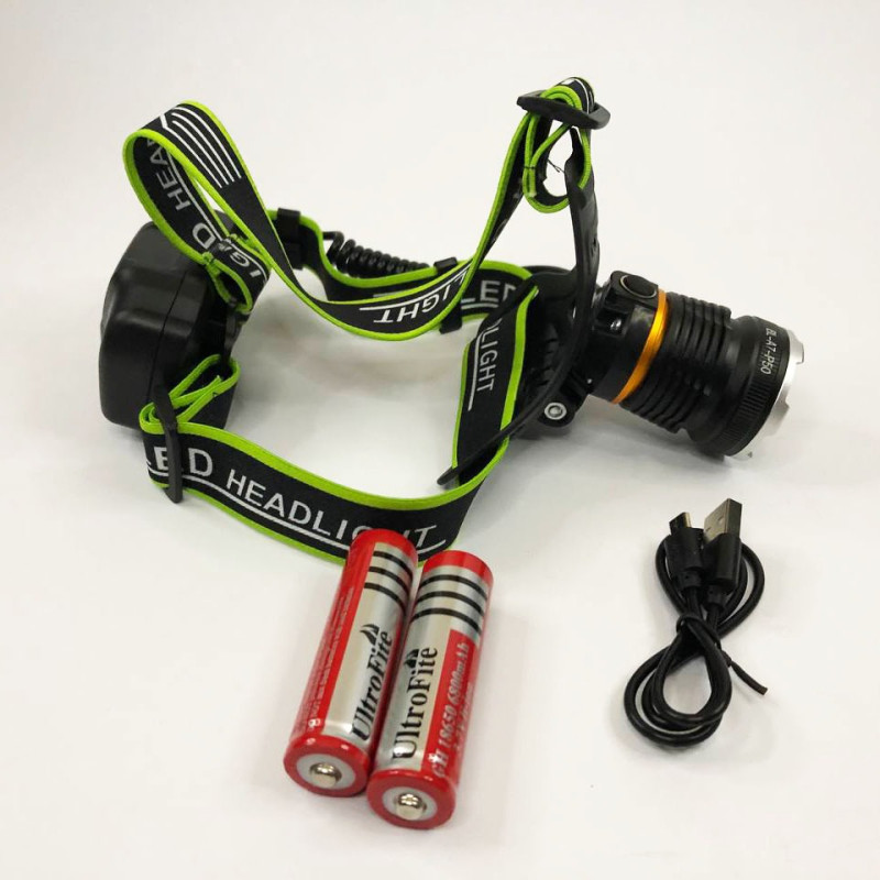 Налобний надпотужний LED ліхтар із двома акумуляторами 18650 та 3 режими роботи Bailong BL-A7-P50 Black/Green