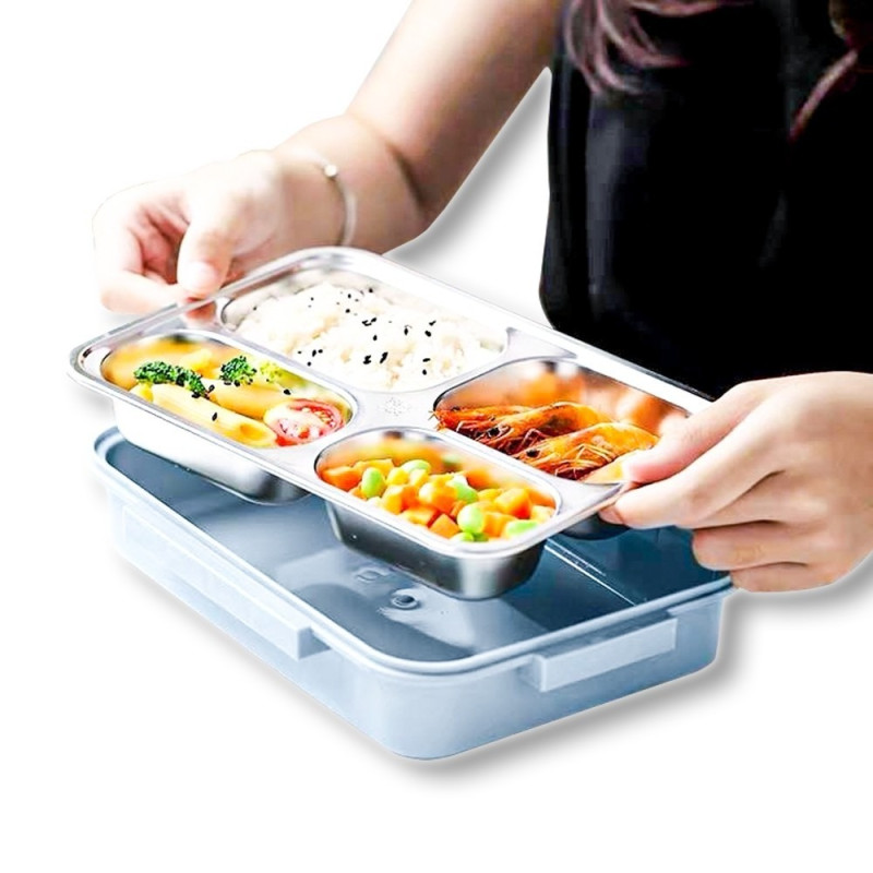 Ланч-бокс із підігрівом їжі за допомогою гарячої води сталева чаша на 4 відсіки 1500мл з підставкою для телефону MA-2000 Blue