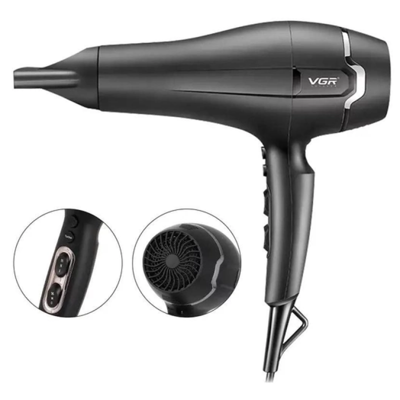 Професійний фен для волосся з набором насадок, Turbo режимом та іонізацією VGR V-450 2400Вт Black