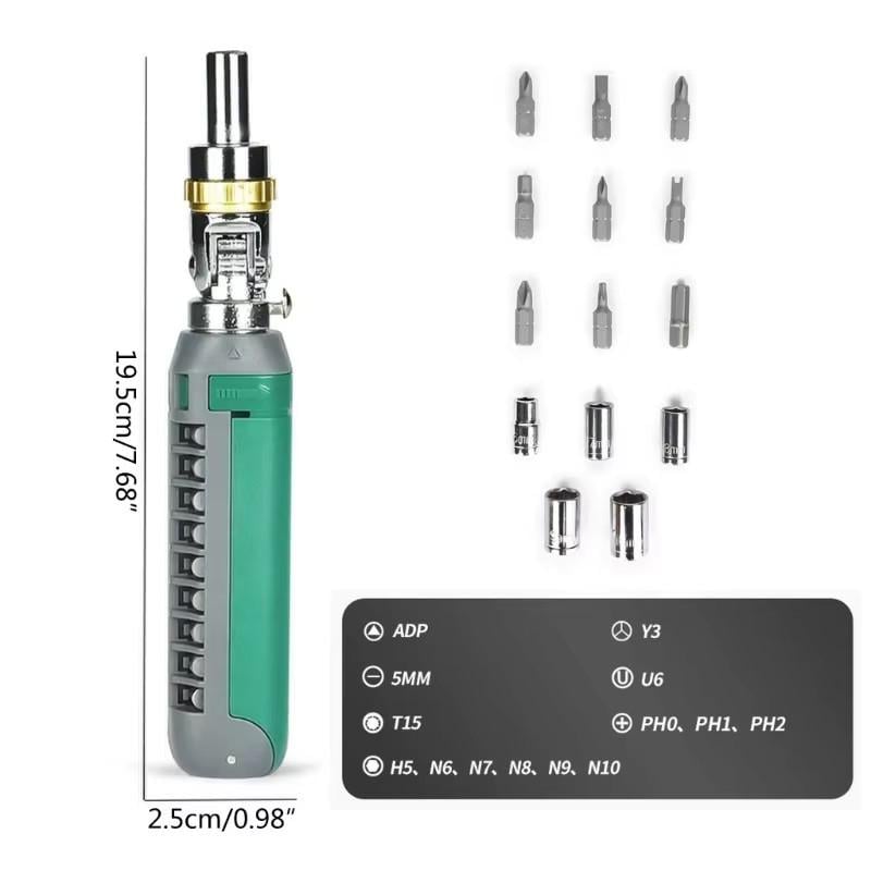 Ручна викрутка поворотна 14 в 1 з тріскачкою і насадками SM-5512 Green