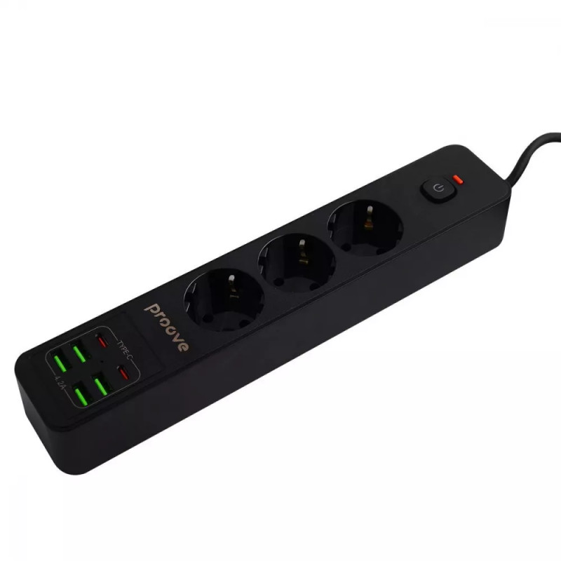 Мережевий фільтр на 4 розетки + 4 USB + 2 Type-C безпечний подовжувач Хаб 2м Power Strip P-04 Black