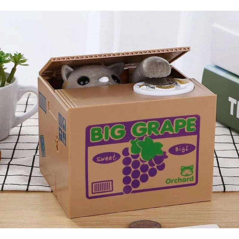 Інтерактивна дитяча скарбничка для монет Злодюжка монет Кіт у коробці забирає лапою монети Brown