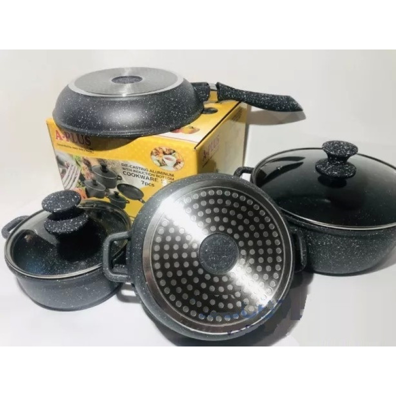 Набір каструль з мармуровим покриттям A-Plus 7 предметів (A-Plus 1501) Чорний