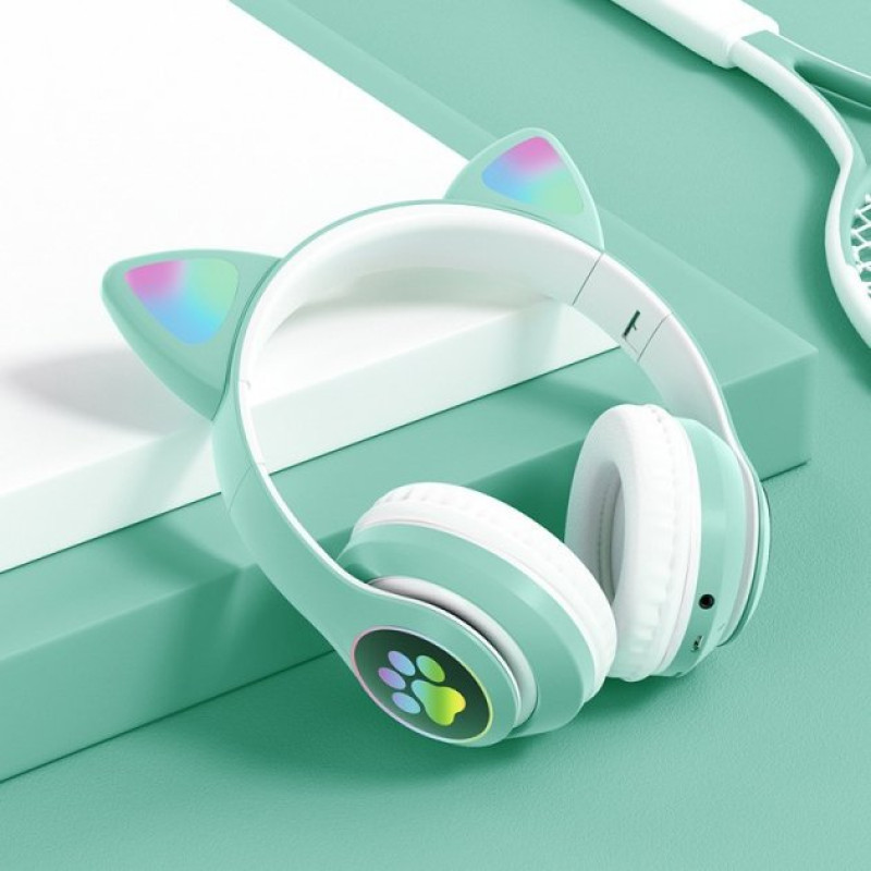 Бездротові навушники з підсвічуванням Котячі вушка Cat Ear (STN-28) з MicroSD з FM-радіо М'ятні