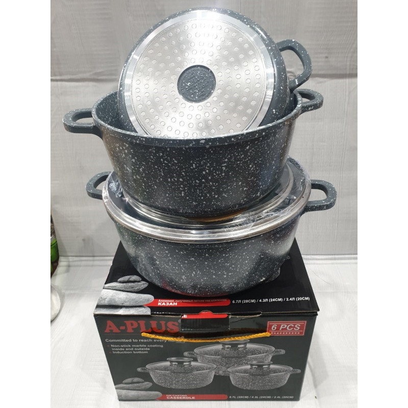 Набір каструль із мармуровим покриттям 6 предметів (A-Plus 1490) Набір казанів Сірий