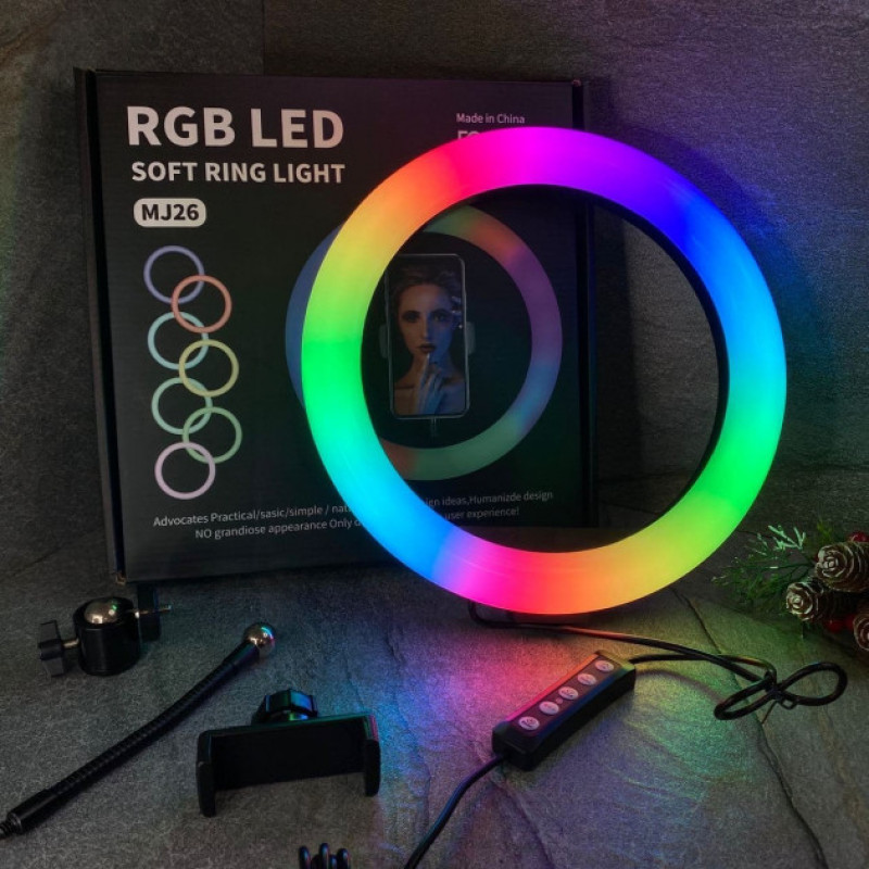 Різнокольорова кільцева RGB LED лампа 26 см + штатив 2м RGB MJ26