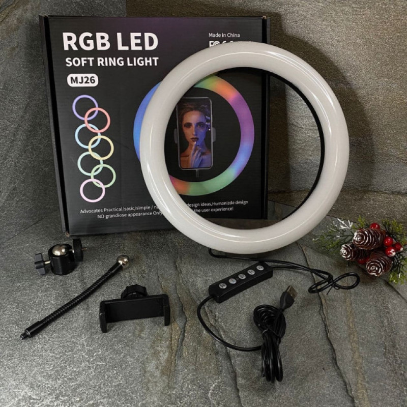 Різнокольорова кільцева RGB LED лампа 26 см + штатив 2м RGB MJ26
