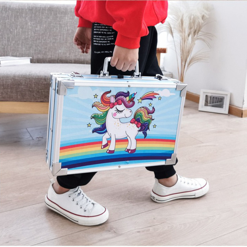 Набір для малювання та творчості Єдиноріг 145 предметів в алюмінієвій валізці Pangxiang (PX8971) Blue