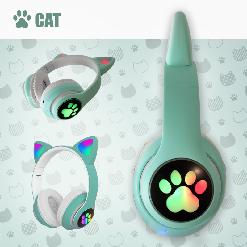 Бездротові навушники з підсвічуванням Котячі вушка Cat Ear (STN-28) з MicroSD з FM-радіо М'ятні