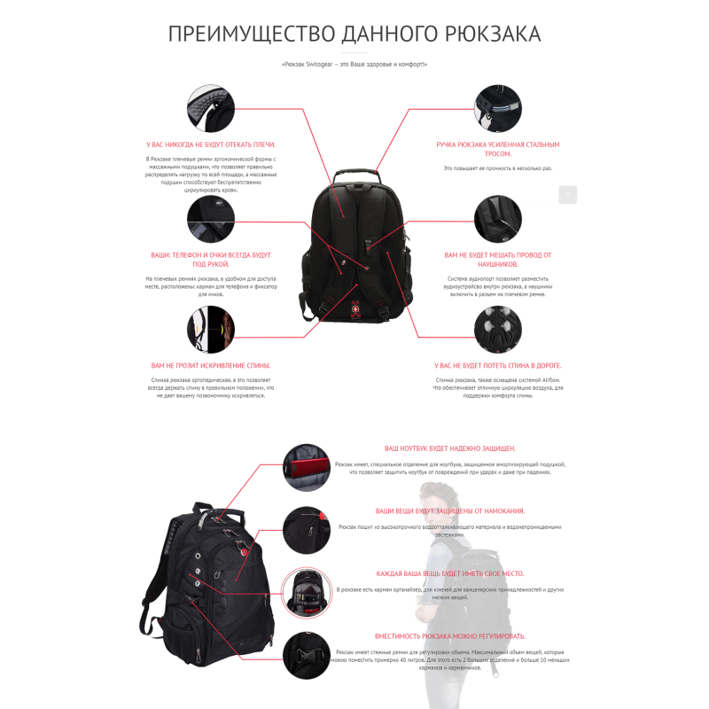 Міський рюкзак Swissgear Town-8810 Black з USB (SG88110TWOR) чорний