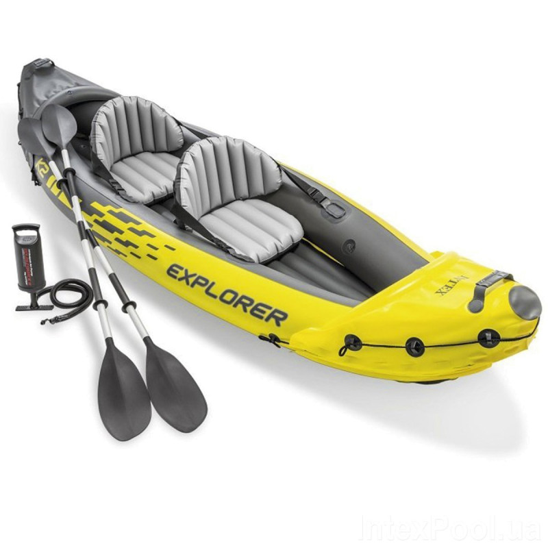 Двомісна надувна байдарка (каяк) Intex 68307 Explorer K2 з веслами та насосом 312 х 91 х 51 см