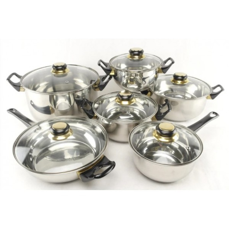 Набір каструль із нержавіючої сталі з ковшем та сковородою A-Plus 9036 Набір кухонний посуд 12 предметів з кришками