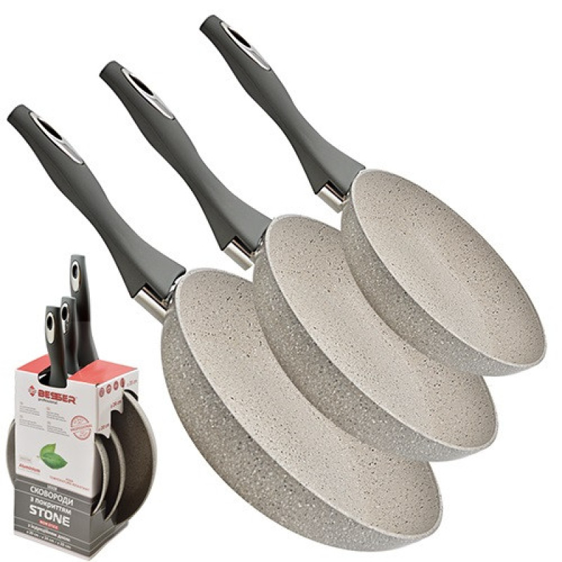 Набір литих сковорідок з індукційним дном та гранітним покриттям Stone 3 предмети (20см, 24см, 28см) Besser 10328