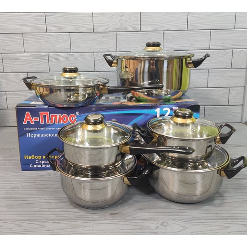 Набір каструль із нержавіючої сталі з ковшем та сковородою A-Plus 9036 Набір кухонний посуд 12 предметів з кришками