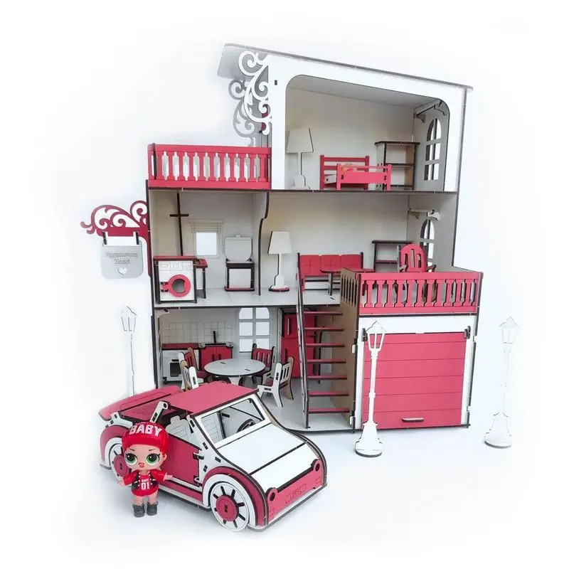 Ляльковий будиночок для ляльок LOL на 4 кімнати ДВП з гаражем і машинкою 42x36x16см Рожевий/Білий