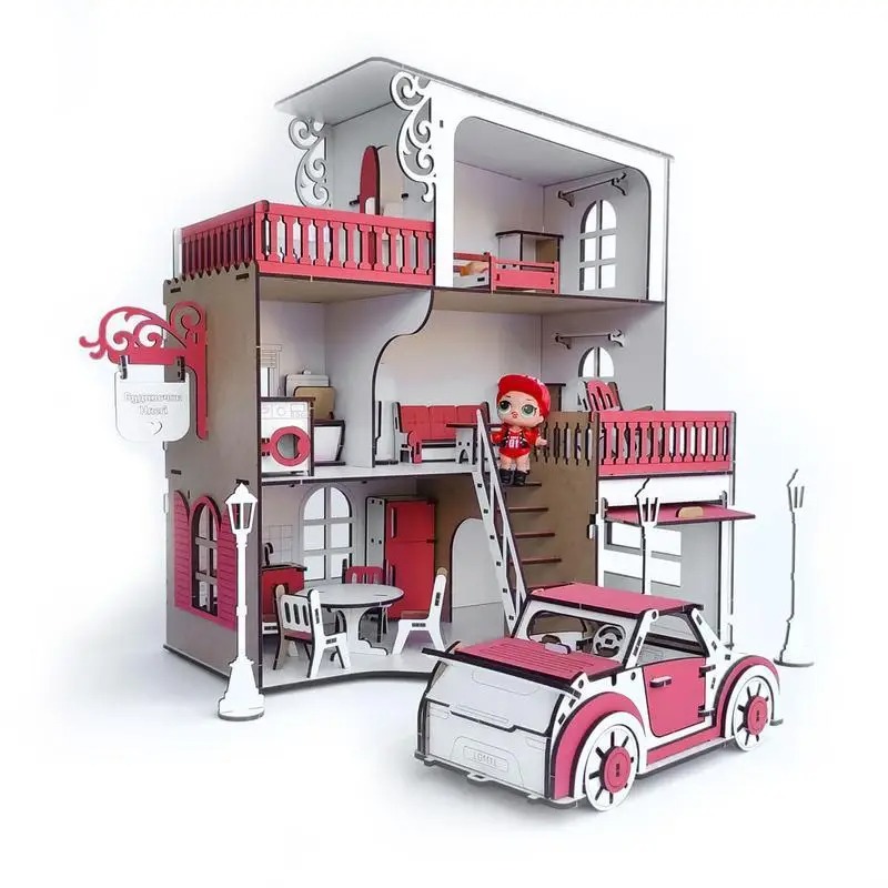 Ляльковий будиночок для ляльок LOL на 4 кімнати ДВП з гаражем і машинкою 42x36x16см Рожевий/Білий