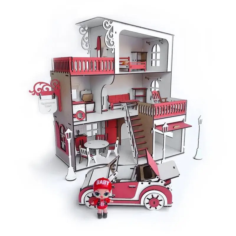 Ляльковий будиночок для ляльок LOL на 4 кімнати ДВП з гаражем і машинкою 42x36x16см Рожевий/Білий