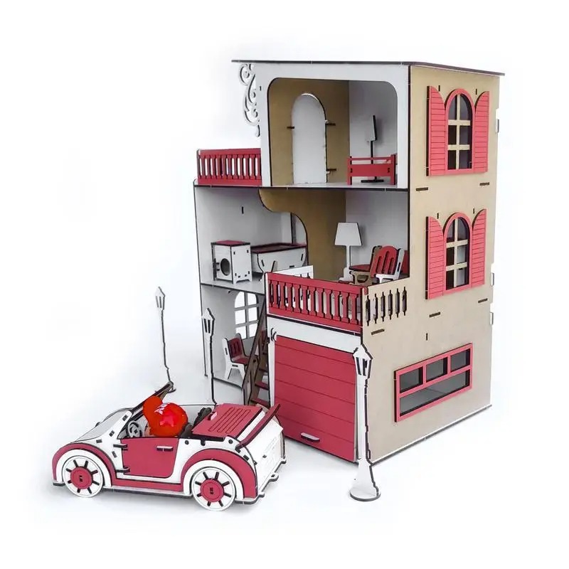 Ляльковий будиночок для ляльок LOL на 4 кімнати ДВП з гаражем і машинкою 42x36x16см Рожевий/Білий