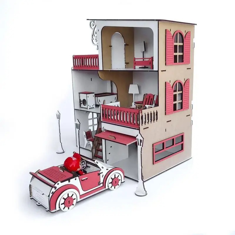 Ляльковий будиночок для ляльок LOL на 4 кімнати ДВП з гаражем і машинкою 42x36x16см Рожевий/Білий