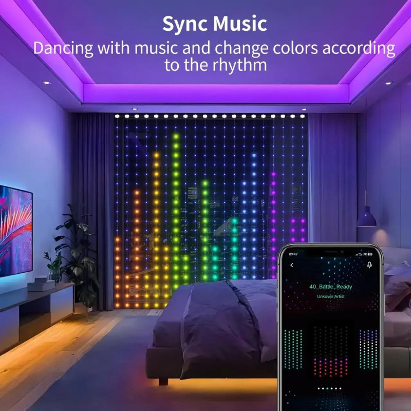 Програмовна новорічна Smart гірлянда на 10 ниток по 2м від USB з Bluetooth, пультом і керуванням із телефона Кінський хвіст SFK-02 RGB