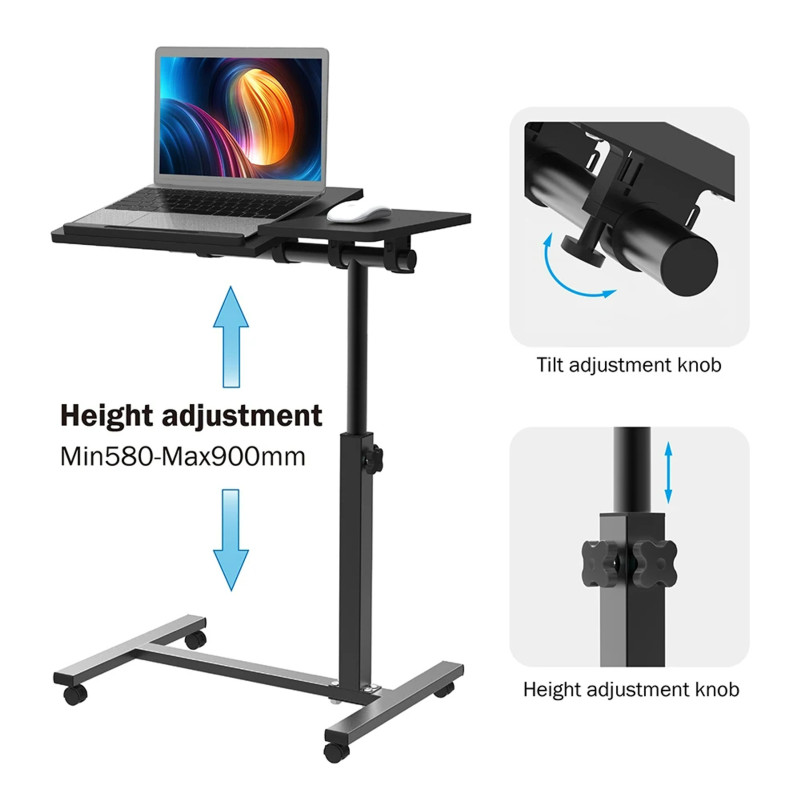 Приліжковий столик-підставка для ноутбука на коліщатках із подвійною стільницею з поворотом на 360° MT-7857 Black