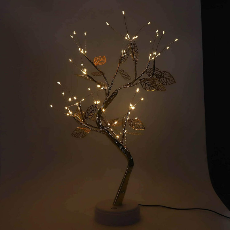 Настільна LED лампа від USB + батарейки AA 3шт «Дерево сріблясте з листям» з теплим світлом на 72 діоди NNG-08 Silver