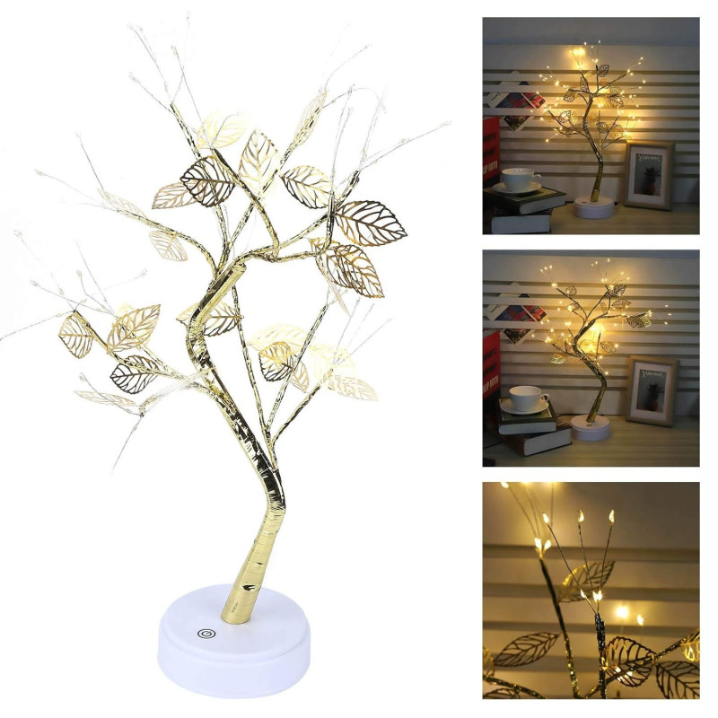 Настільна LED лампа від USB + батарейки AA 3шт «Дерево сріблясте з листям» з теплим світлом на 72 діоди NNG-08 Silver