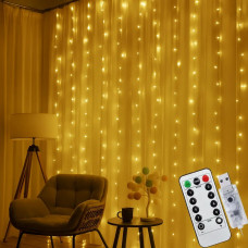 Новорічна яскрава USB гірлянда-штора 3х2м на 200 LED з 10 ниток та пультом NC-7816 Warm white